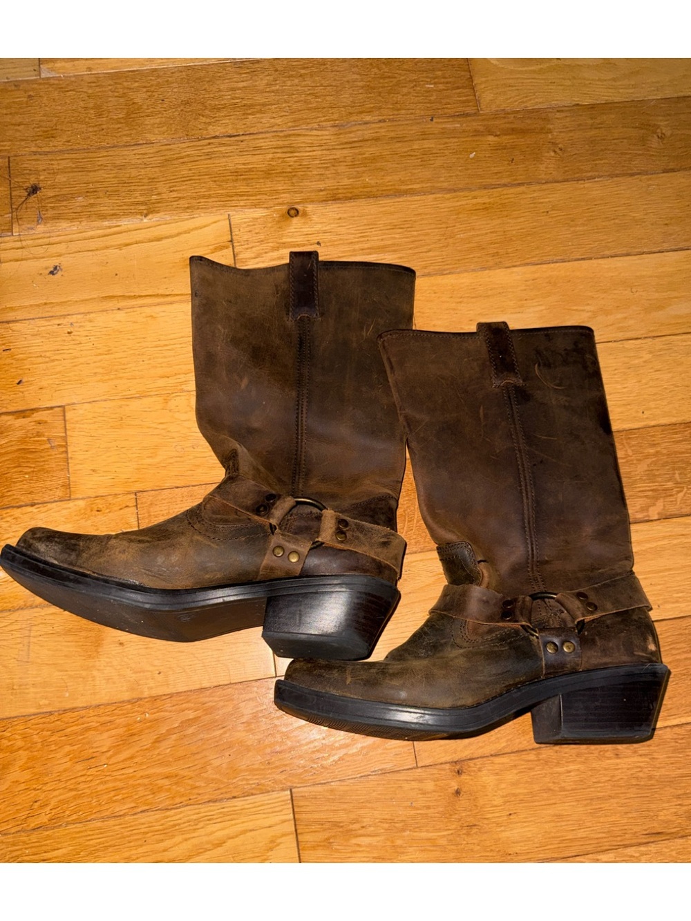 Women's Brown Leather Harness Heeled Boots